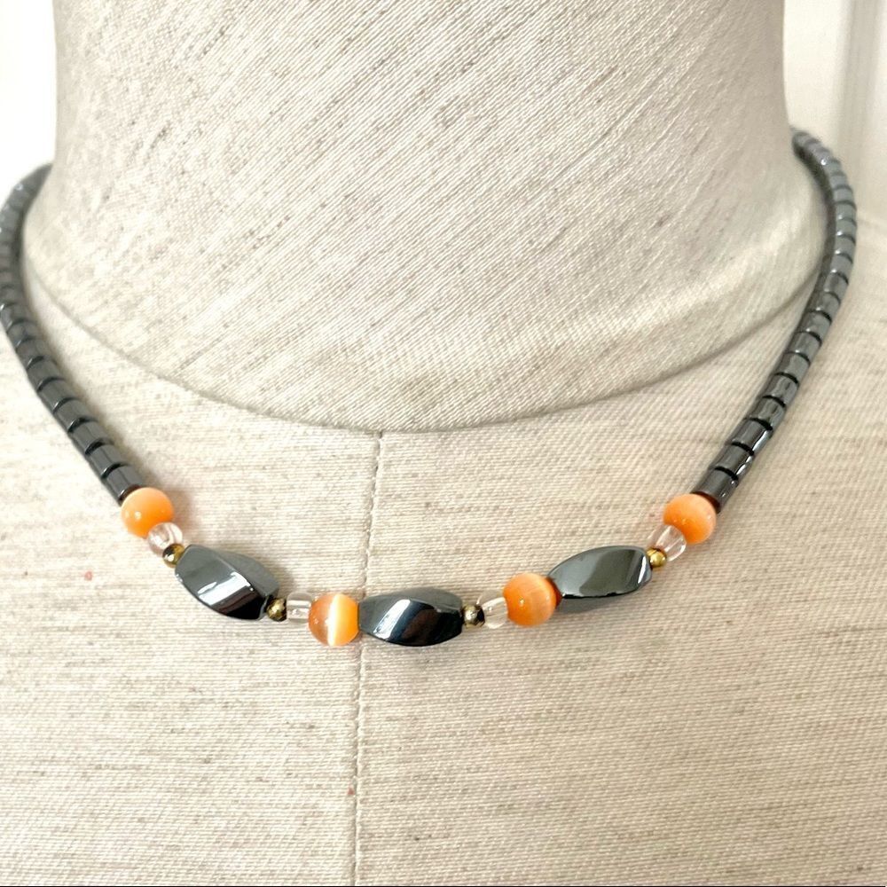 Hematite and orange bead necklace